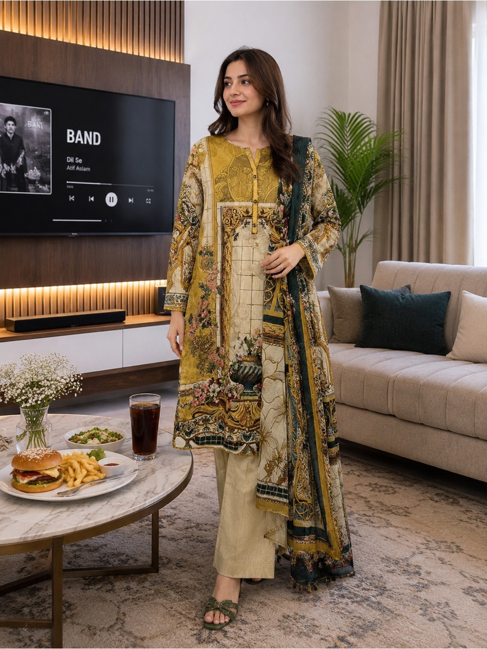 Elegant Printed Long Sleeve Kurta Set in Mustard and Olive Green